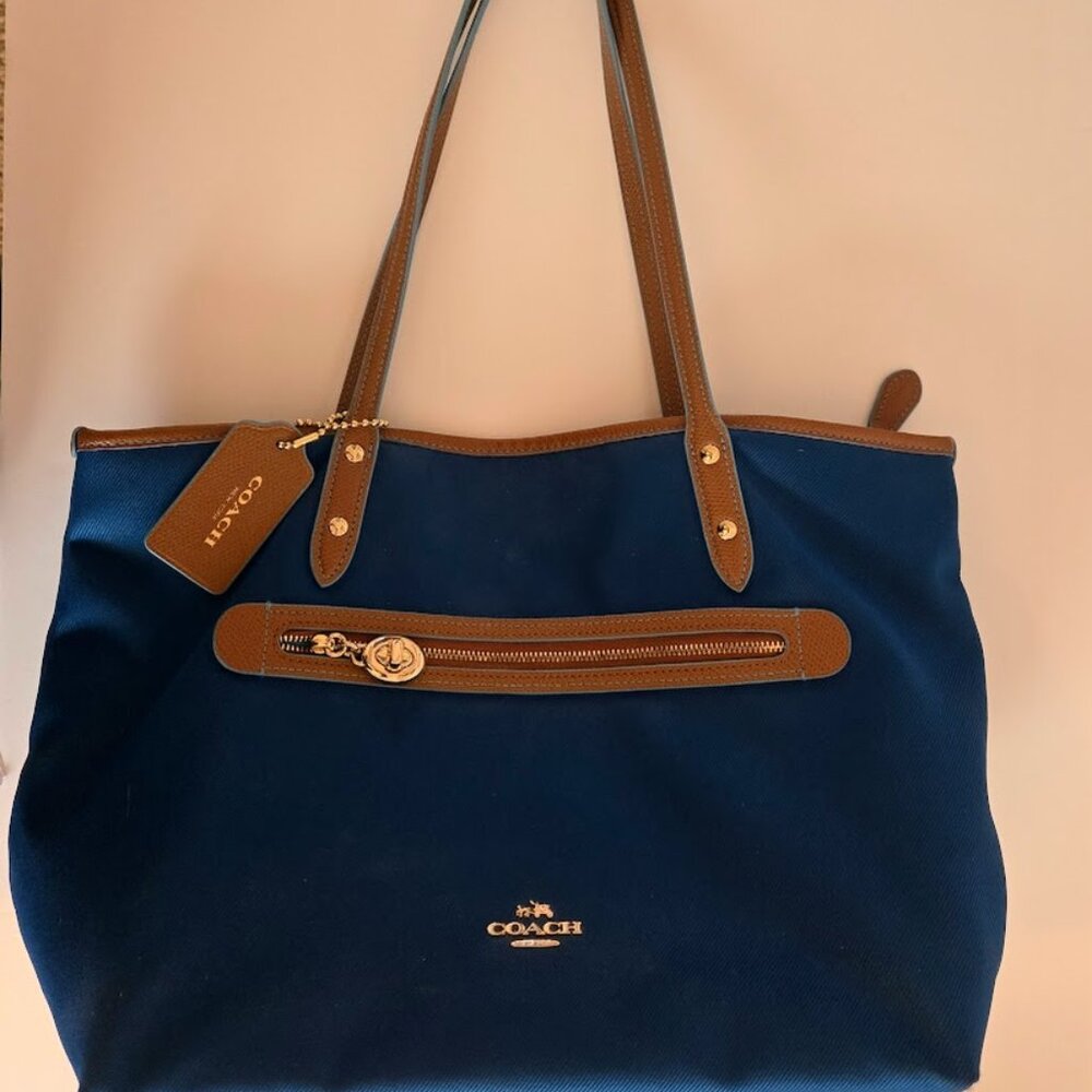 Coach Sawyer‎ blue twill canvas tote with leather trim